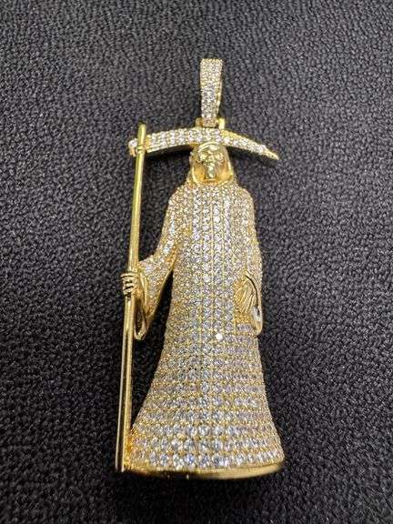 Gold Plated 925 Sterling Silver CZ Santa Muerte Hip Hop Pendant