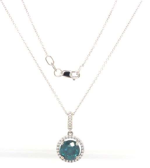 14kt White gold 2.17ct IR teal round brilliant cut diamond in 0.20ctw diamond halo pendant on chain