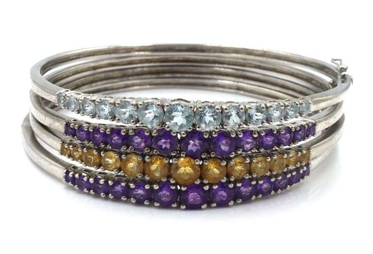 Group lot of 4 Vintage 925 sterling silver gemstone bangles