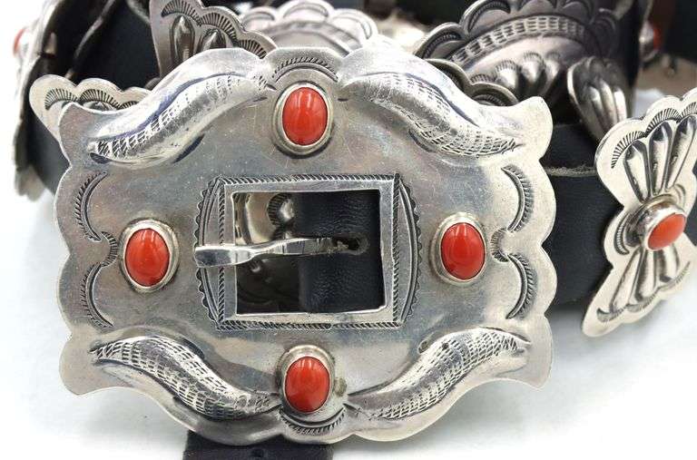 Vintage Native American Navajo morgan coral sterling silver concho belt