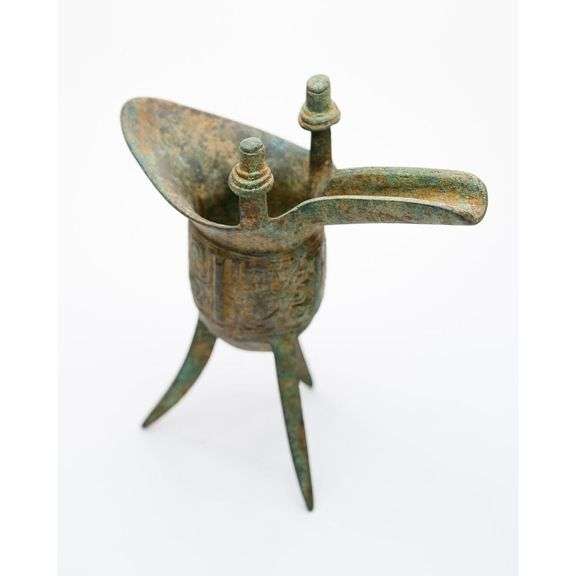 Verdigris Bronze Chinese Jué Wine Vessel