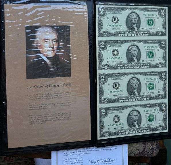 Uncut Sheet of 4 2003 A $2 St Louis Fed Reserve Notes.