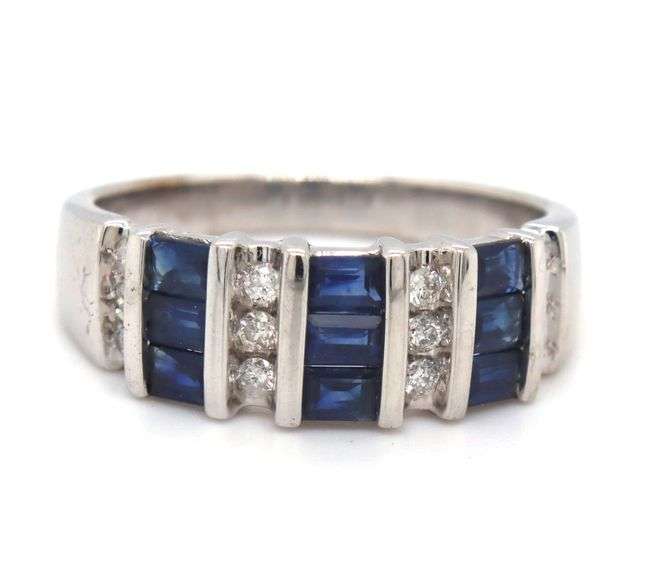 14kt White gold baguette blue sapphire and diamond wide band