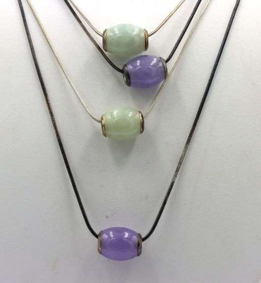 Group lot of 4 Vintage 925 sterling silver Jade pendants on chains