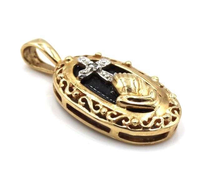 10kt Yellow gold black onyx diamond praying hands pendant