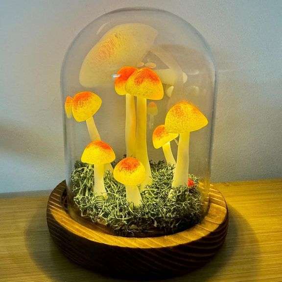 Handmade Mushroom Lamp in Glass Dome