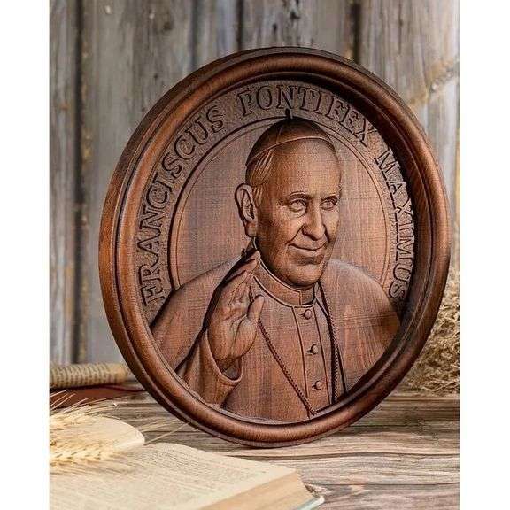 Hand-Carved Pope Francis Wood Wall Plaque