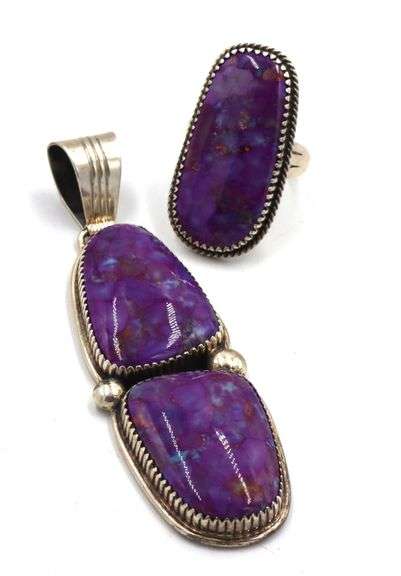 Set of 925 sterling silver signed purple stone pendant and ring