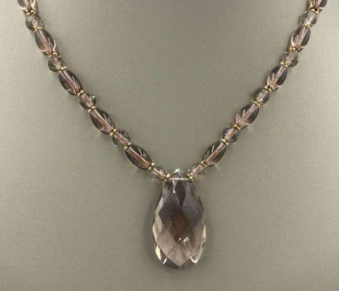 Smokey quartz beaded necklace with tear drop pendant
