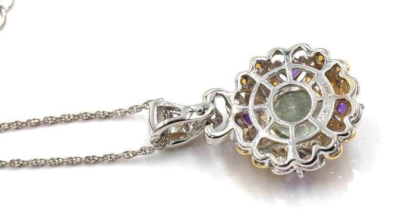 925 Sterling silver signed multi color stone pendant on chain