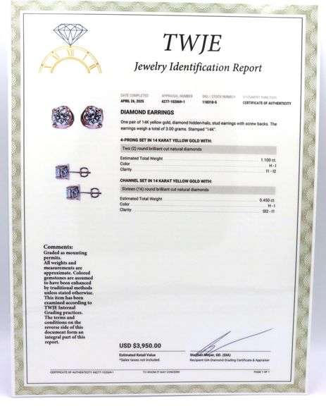 14kt Yellow gold 1.50cts round brilliant cut diamond stud earrings