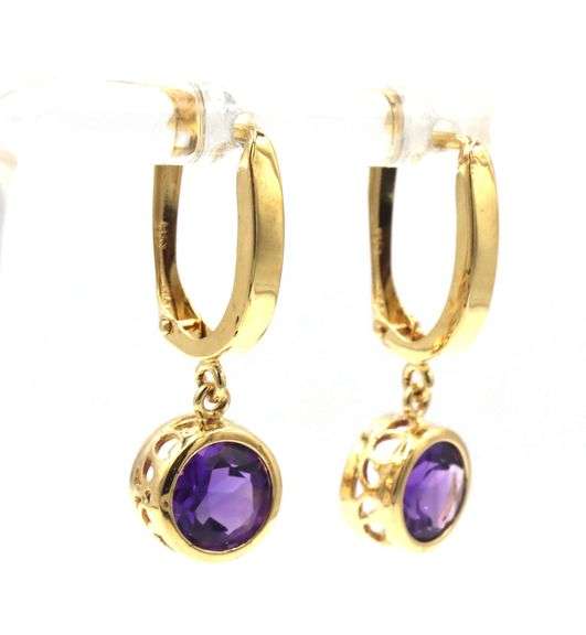 14kt Yellow gold bezel set amethyst dangle earrings