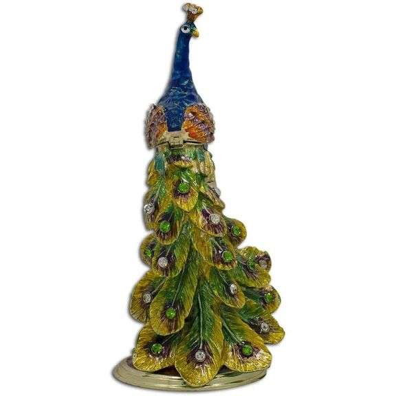 Peacock on Clock Trinket Box Gold-Plated with Crystals