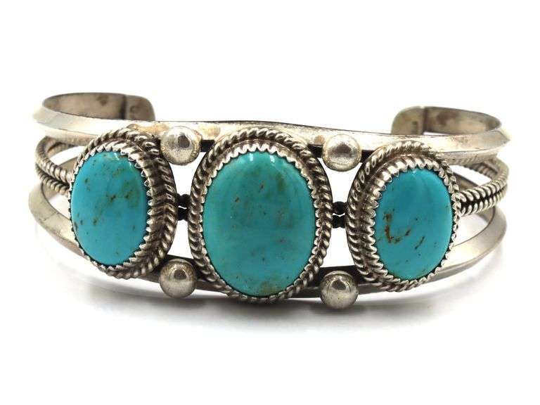 Vintage 925 sterling silver signed turquoise cuff bangle