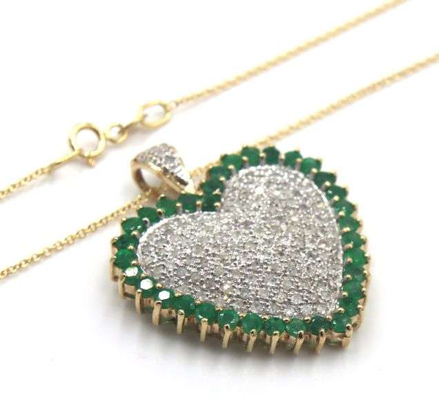 10kt Yellow gold pave diamond emerald halo heart shaped pendant on chain
