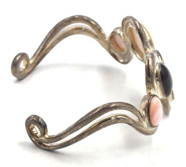 Vintage 925 sterling silver signed black onyx and opal cuff bangle