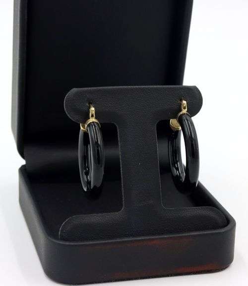 14kt Yellow gold black onyx hoop earrings