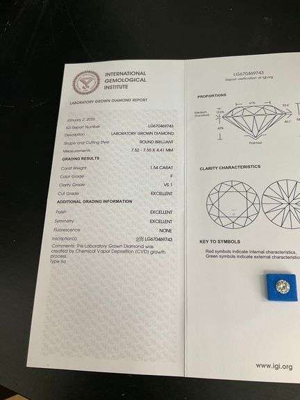 LAB GROWN ROUND BRILLIANT CUT LOOSE DIAMOND. 1.54 CARAT