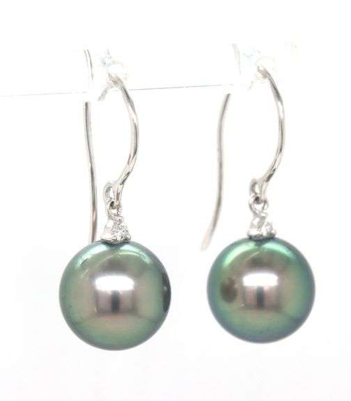 10kt White gold 12mm Tahitian pearl drop and diamond dangle earrings