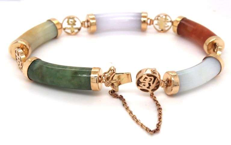 14kt Yellow gold multi color Jade fortune bracelet