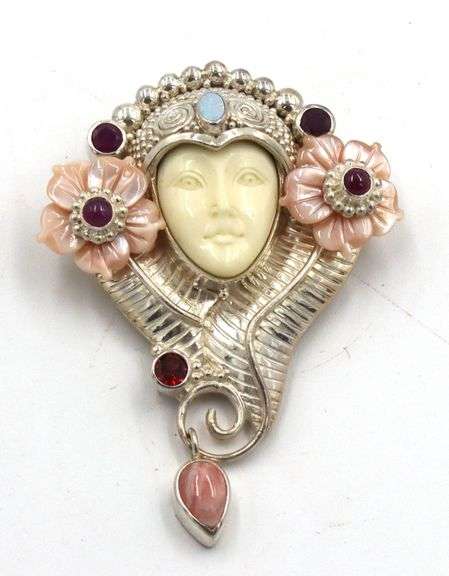 925 Sterling silver Signed Sajen pendant brooch Goddess face carved gemstones
