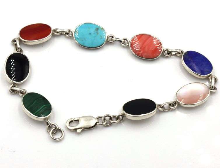 925 Sterling silver signed multi color gemstone link bracelet