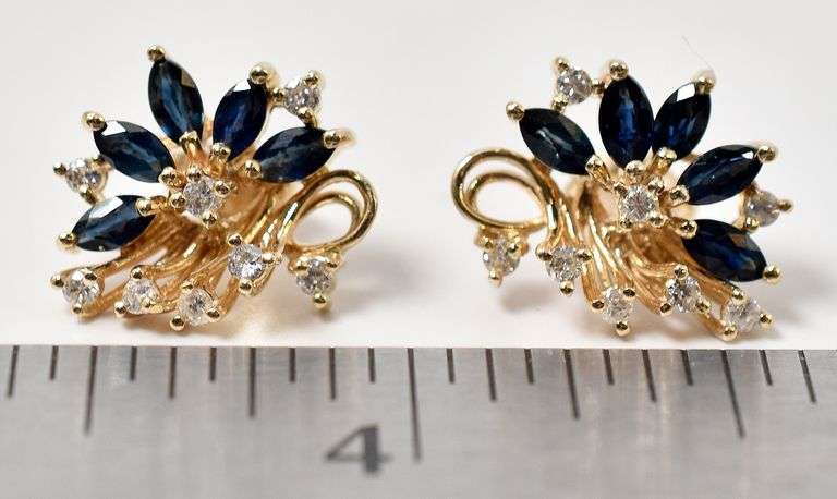 Sparkling Blue Sapphire Gemstone and Diamond Stud Earrings in 14K Yellow Gold