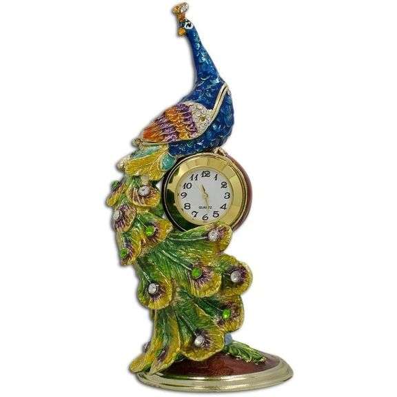 Peacock on Clock Trinket Box Gold-Plated with Crystals