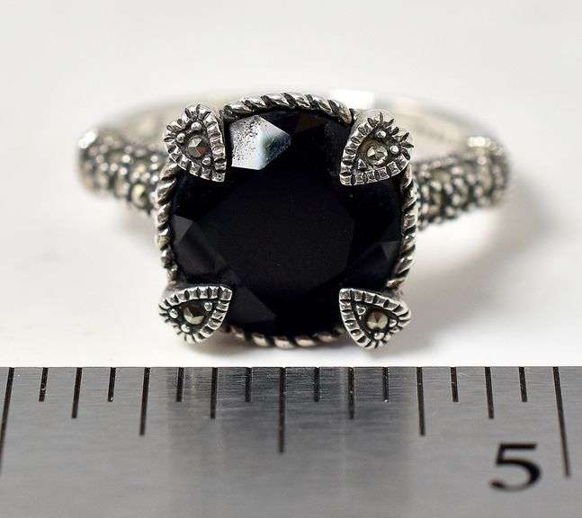 Black Onyx and Marcasite Gemstone Ring in Sterling Silver