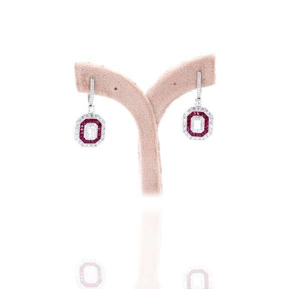 Platinum 950 Dangling Natural Ruby and Diamond Earring