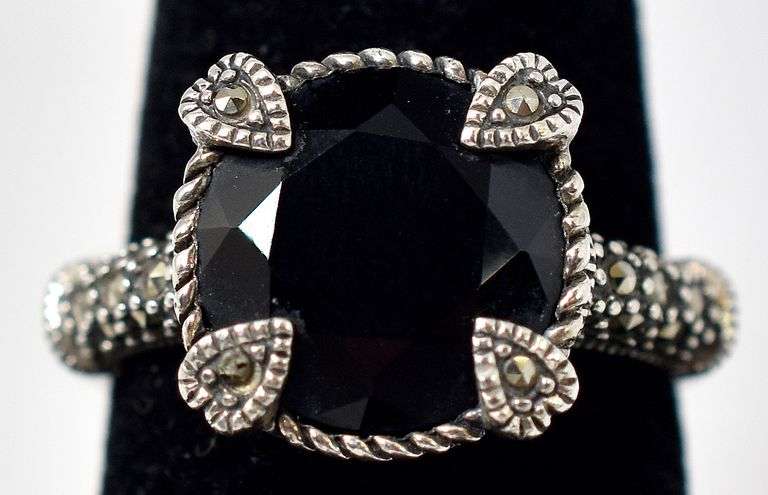 Black Onyx and Marcasite Gemstone Ring in Sterling Silver