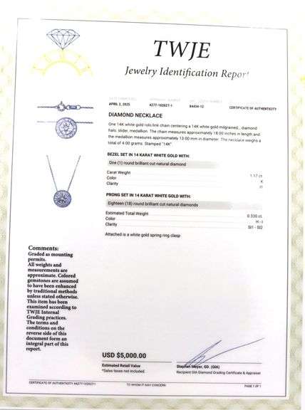 14kt White gold 1.17ct round brilliant cut diamond with 0.33ctw Milgrain diamond bezel set pendant o