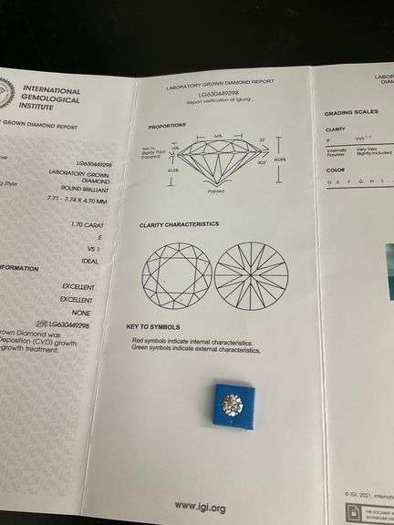 LAB GROWN ROUND BRILLIANT CUT LOOSE DIAMOND. 1.70 CARAT