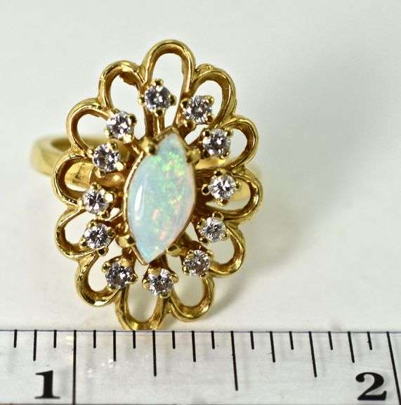 Traditional 18K Marquise Opal and Diamond Ring