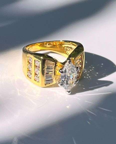 Ladies Sparkling 14 Kt Yellow Gold Plated 3.35 Ct Marquis Cut Lab Simulated Diamond Ring