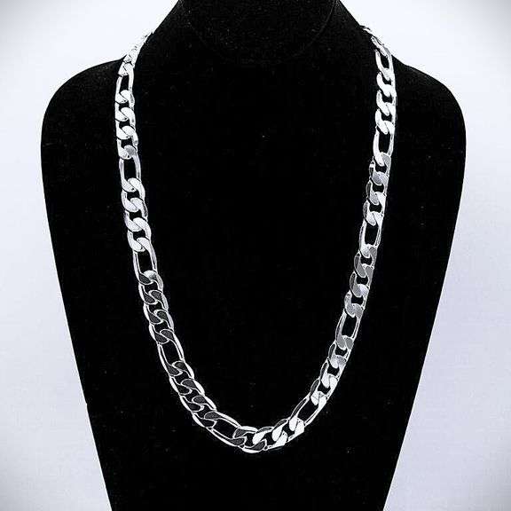Sparkling 75.8 Gram Tri-Layered .925 Silver Plated Italian Figaro Link Necklace