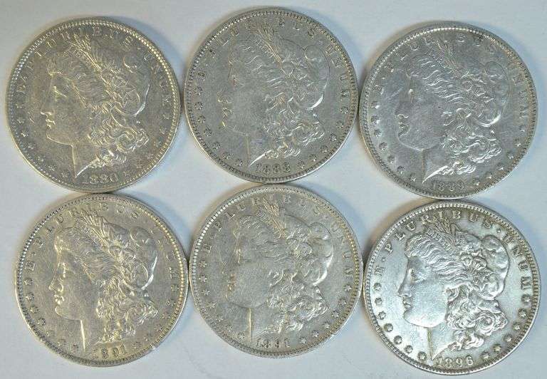 6 Different upper end Morgan Silver Dollars 1880-S to 1896