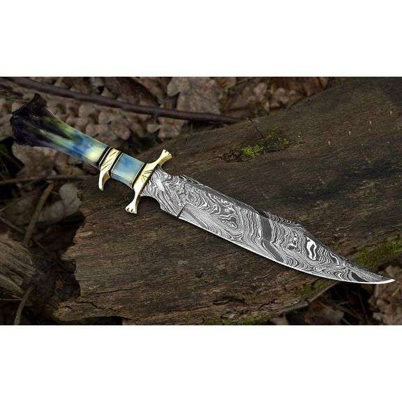 Damascus Steel Hunting Knife Camel Bone Handle