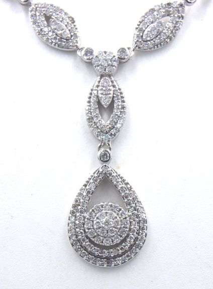 14kt White gold 1.95ctw double halo tear drop cluster diamond necklace