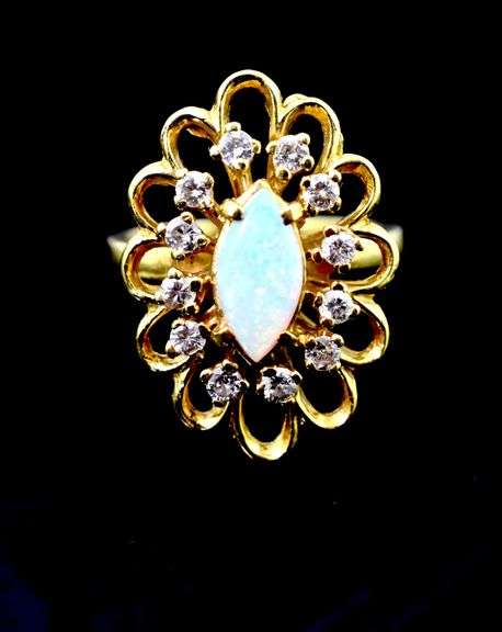 Traditional 18K Marquise Opal and Diamond Ring