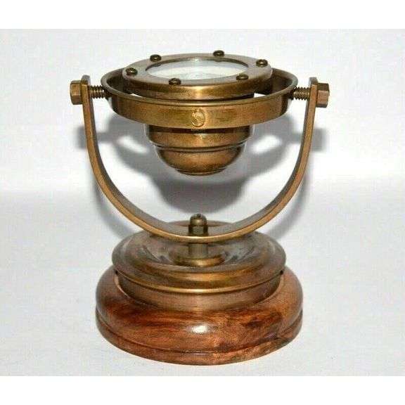 Brass Gimbal Ship’s Compass with Wood Base