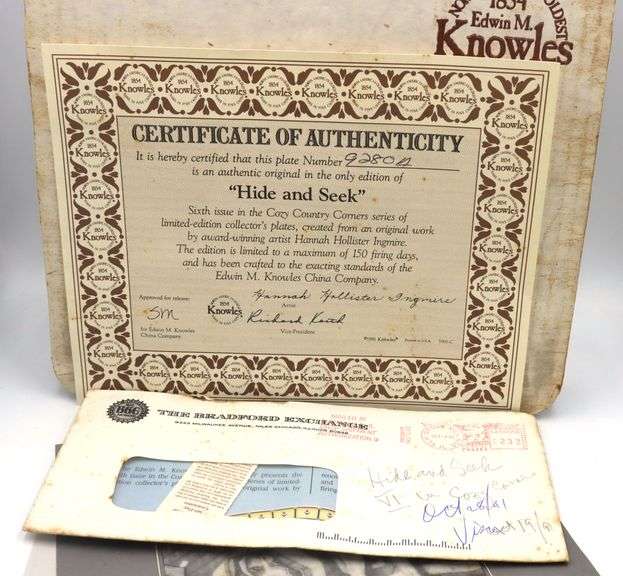 1991 Edwin M Knowles cozy county corners hide and seek dog plate