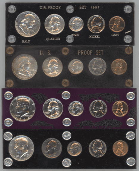 1957, 1962, & 1964 Proof Sets in holders (one is 1967 Special Mint Set)