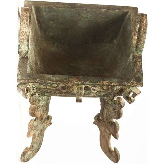 Heavy Verdigris Bronze Incense Burner Square Vessel