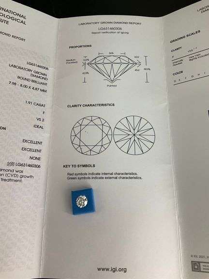 LAB GROWN ROUND BRILLIANT CUT LOOSE DIAMOND. 1.91 CARAT