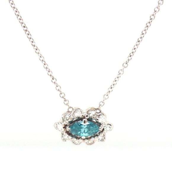 14kt White gold IR Teal and diamond necklace