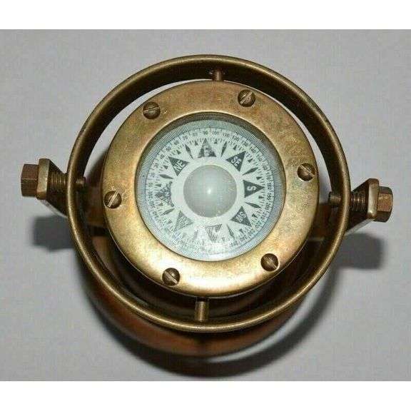 Brass Gimbal Ship’s Compass with Wood Base