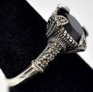 Black Onyx and Marcasite Gemstone Ring in Sterling Silver