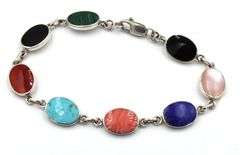 925 Sterling silver signed multi color gemstone link bracelet