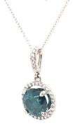 14kt White gold 2.17ct IR teal round brilliant cut diamond in 0.20ctw diamond halo pendant on chain